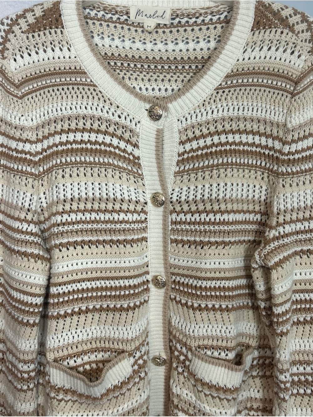 Marled White & Tan Striped Open Knit Cardigan Grannycore M Preppy
